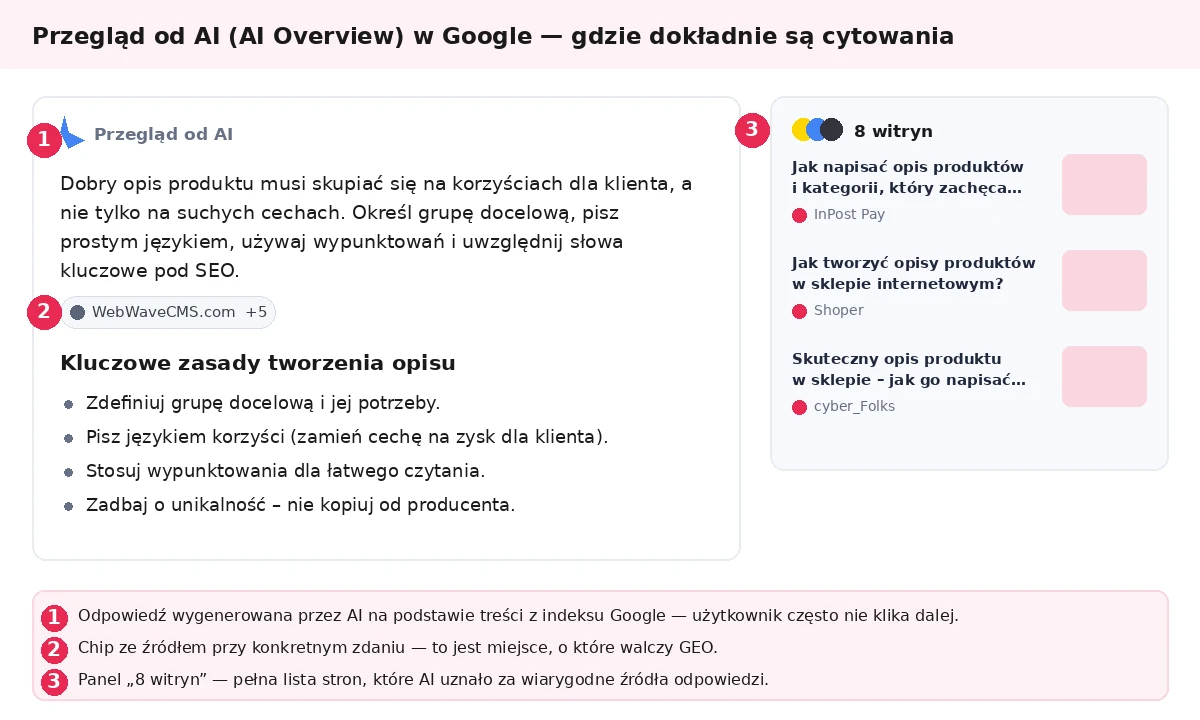 Przegląd od AI w Google z zaznaczonymi miejscami, w których pojawiają się cytowania źródeł